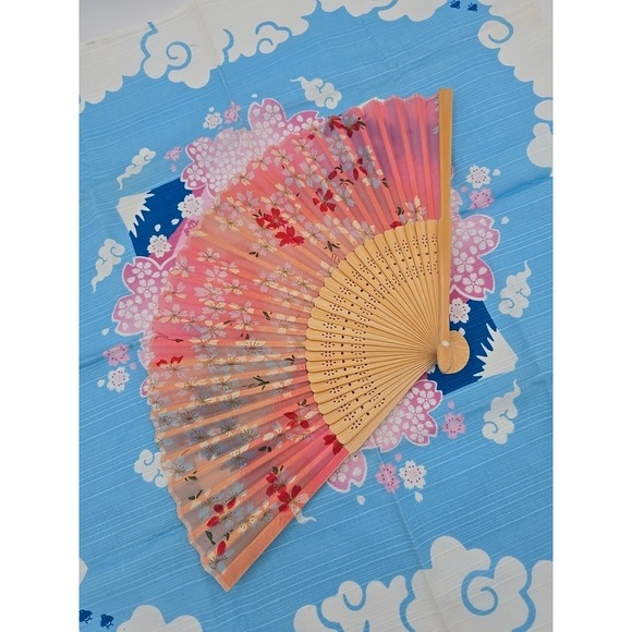 VTG Cherry Blossom Pink & White Folding Fan +Japanese Mt. Fuji Matching Fabric - Picture 9 of 12